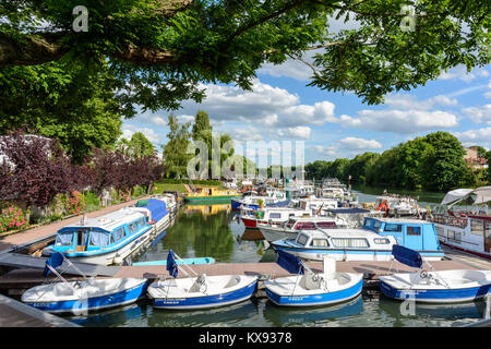 Nogent-sur-Marne, Val-de-Marne, Frankreich - Juni 6, 2017: Riverboats, Hausboote und elektrische Boote Liegeplatz auf dem Fluss Marne in der schönen Mari Stockfoto