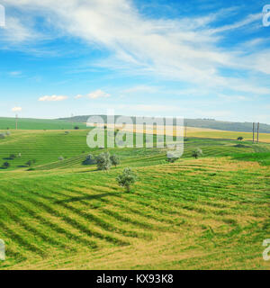 Hügeliges Gelände mit Terrasse und ein blauer Himmel mit Wolken. Stockfoto