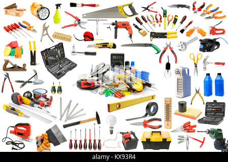 Sammlung von Tools, die für die Instandsetzung und Instandhaltung des Hauses. Auf weiß isoliert. Stockfoto