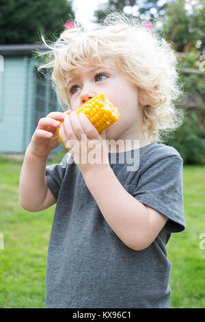 Kleinkind Essen Mais Maiskolben Stockfoto