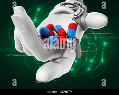 Roboterhand mit roten und blauen Pillen. 3D-Darstellung. Stockfoto