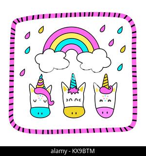 Grusskarten mit lustigen Einhörner und einen Regenbogen Stock Vektor