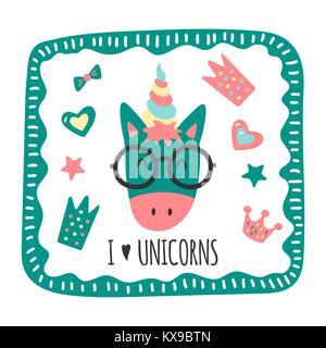 Grußkarte mit einem lustigen Einhorn Stock Vektor