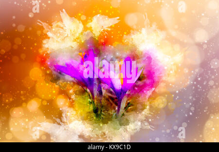 Frühling Blumen, Safran und sanft verwischt Aquarell Hintergrund. Stockfoto