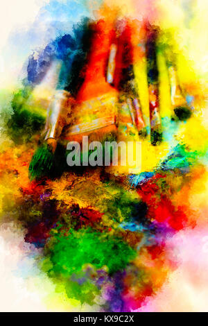 Pinsel zum Malen Aquarell Palette und sanft verschwommenen Hintergrund. Stockfoto