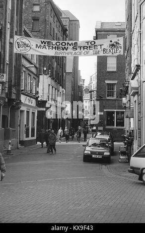 Schwarz-weiß Bilder der Mathew Street, Liverpool, ab Februar 1996 Stockfoto