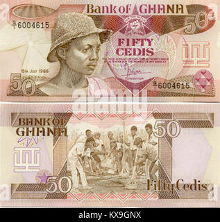 Foto einer 50-Cedis-Banknote aus Ghana, ausgestellt 1983, mit Stückelung, Designmerkmalen und historischem monetären Kontext. Stockfoto