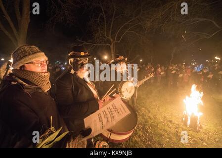 Viel Marcle, Herefordshire, UK. 6. Januar 2018. Bild: Menschen singen traditionelle wassail Songs rund um den Apfelwein Baum. /Hunderte von Menschen sowohl Sie Stockfoto