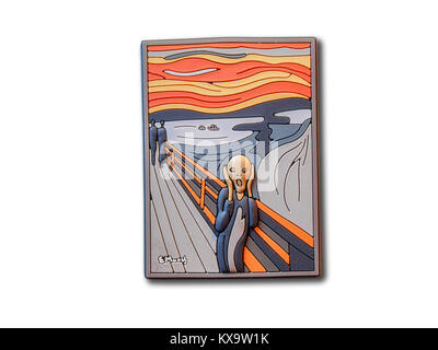 Bergen (Norwegen) souvenir Kühlschrank Magnet mit der Schrei Gemälde von Edvard Munch isoliert auf weißem Hintergrund Stockfoto