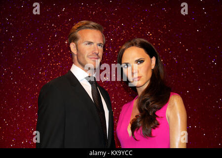 London, - Vereinigtes Königreich, 08, Juli 2014. Madame Tussauds in London. Wachsfigur von David Beckham und Victoria Beckhan. Erstellt von Madame Tussauds Stockfoto