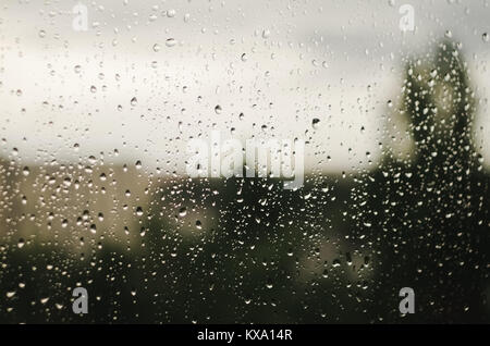 Regentropfen auf Fenster mit verschwommenen Bäume als Hintergrund. Regenzeit. Stockfoto