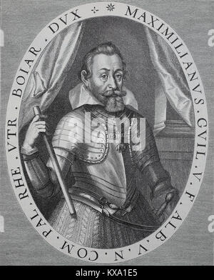 Maximilian I., 17. April 1573 - 27. September 1651, gelegentlich genannt - der Große, ein Mitglied des Hauses Wittelsbach, Herzog von Bayern aus dem Jahre 1597 entschieden, Illustration nach einem Stich von Klian aus dem Jahr 1620, digital verbesserte Reproduktion aus einem original Holzschnitt oder Illustration aus dem Jahr 1880 Stockfoto