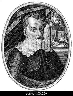 Im Vordergrund, Wallenstein, eigentlich Albrecht Wenzel Eusebius von Waldstein, 24. September 1583 - vom 25. Februar 1634, war ein Böhmisches General und Politiker. Im Hintergrund die Präsentation seiner Ermordung. Nach einem Kupferstich von B. Moncornet, digital verbesserte Reproduktion aus einem original Holzschnitt oder Illustration aus dem Jahr 1880 Stockfoto