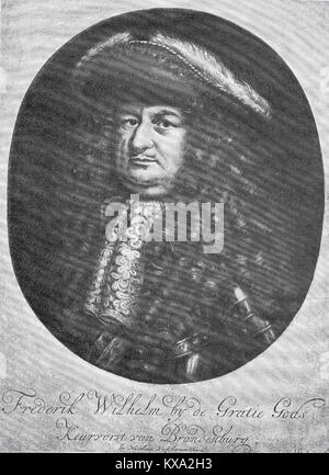 Friedrich Wilhelm, 16. Februar 1620 - 29. April 1688, war Kurfürst von Brandenburg und Herzog von Preußen und damit Herrscher von Brandenburg-preuSSen, ein Mitglied des Hauses Hohenzollern, er ist bekannt als der Große Kurfürst, digital verbesserte Reproduktion aus einem original Holzschnitt oder Illustration aus dem Jahr 1880 Stockfoto