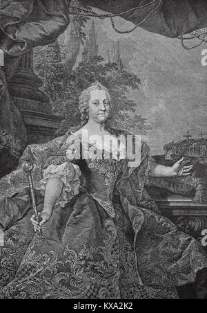 Maria Theresia Walburga Amalia Christina, 13. Mai 1717 - 29. November 1780, war der einzige weibliche Herrscher der Habsburgischen Herrschaften und der letzte des Hauses Habsburg. Sie war der Herrscher von Österreich, Ungarn, Kroatien, Tschechien, Siebenbürgen, Mantua, Mailand, Lodomeria und Galizien, die Österreichischen Niederlande und Parma. Durch Heirat, Sie war Herzogin von Lothringen, Großherzogin von Toskana und Heiligen Römischen Kaiserin, digitale Reproduktion aus einem original Holzschnitt oder Illustration aus dem Jahr 1880 verbessert Stockfoto