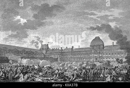 Der Angriff des Tuileries Palace, Französisch, Palais des Tuileries, war ein Royal und Imperial Palace in Paris, am 10. August 1792, Fance, digital verbesserte Reproduktion aus einem original Holzschnitt oder Illustration aus dem Jahr 1880 Stockfoto