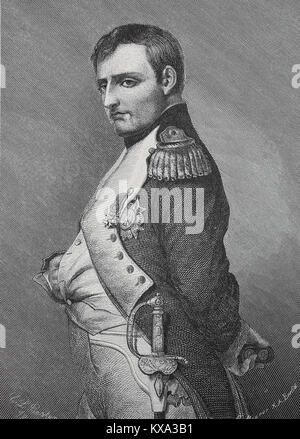 Napoleon Bonaparte, 15. August 1769 - 5. Mai 1821, war ein französischer Staatsmann und Heerführer die während der Französischen Revolution stand auf, und sie führten mehrere erfolgreiche Kampagnen während der Französischen Revolutionskriege, digitale Reproduktion aus einem original Holzschnitt oder Illustration aus dem Jahr 1880 verbessert Stockfoto