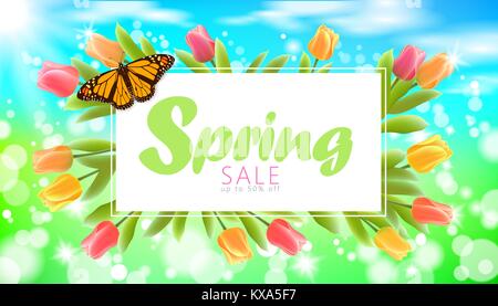 Realistische 3D-Feder Verkauf script Schrift Web Banner Vorlage. Farbe Tulip Blumen Schmetterling Gras blauer Himmel blauer Hintergrund Flyer frame Werbemittel square sozialen Poster Vector Illustration Stock Vektor