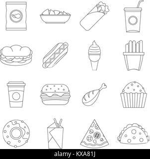 Fast-Food Icons Set, Umriss-Stil Stock Vektor