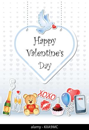 Grußkarten zum Valentinstag mit lustigen Comicfiguren. Alle Sticker Elemente sind getrennt. Vector Illustration. Stock Vektor