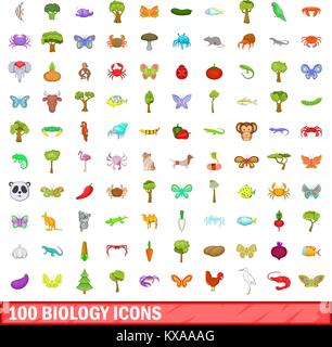 100 Biologie Icons set, cartoon-Stil Stock Vektor
