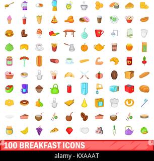 100 Frühstück Icons set, cartoon-Stil Stock Vektor