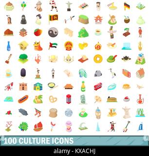 100 Kultur Symbole, Cartoon Stil Stock Vektor