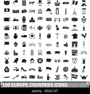 100 die Länder Europas Symbole in einem einfachen Stil eingerichtet Stock Vektor