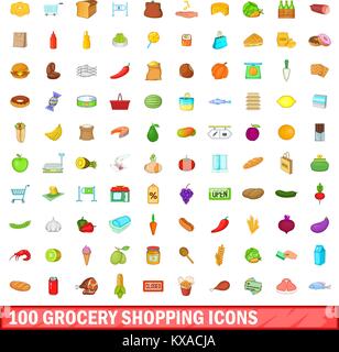 100 Einkaufen Symbole, Cartoon Stil Stock Vektor