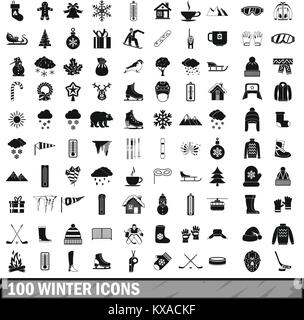 100 winter Symbole in einem einfachen Stil eingerichtet Stock Vektor