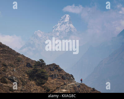 Wanderer vor der Ama Dablam auf dem Weg zum Everest Base Camp, in der Nepalesischen Khumbu Tal. Stockfoto