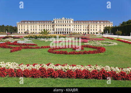 Schloss Schönbrunn mit Blumenbeet, Wien, Österreich Stockfoto