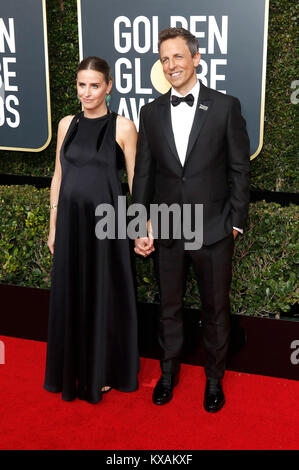 Seth Meyers und seine Frau Alexi Ashe nehmen an der 75. jährlichen Golden Globe Awards im Beverly Hilton Hotel am 7. Januar 2018 in Beverly Hills, Kalifornien. Stockfoto