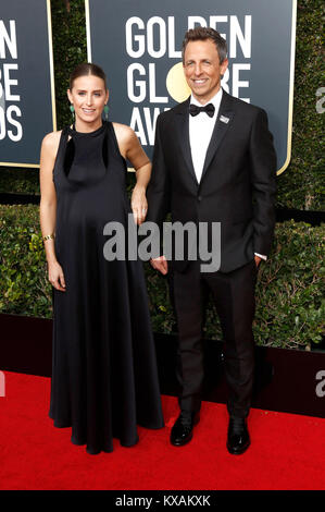 Seth Meyers und seine Frau Alexi Ashe nehmen an der 75. jährlichen Golden Globe Awards im Beverly Hilton Hotel am 7. Januar 2018 in Beverly Hills, Kalifornien. Stockfoto