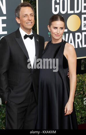 Seth Meyers und seine Frau Alexi Ashe nehmen an der 75. jährlichen Golden Globe Awards im Beverly Hilton Hotel am 7. Januar 2018 in Beverly Hills, Kalifornien. Stockfoto