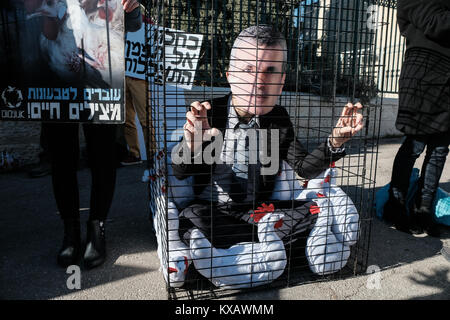 Jerusalem, Israel. 9. Januar, 2018. Tierschützer Stadium eine Kundgebung vor dem Finanzministerium gegen die Absicht des Ministeriums, die Quoten und investieren das Geld der Steuerzahler in der Eierindustrie mit Käfighaltung für Legehennen. Ein Minister der Finanzen, Kahlon, Maske trägt Demonstrant sitzt in einem Käfig mit ausgestopfte Hühner neben einem Huhn Kostüm Demonstrant. Credit: Nir Alon/Alamy leben Nachrichten Stockfoto