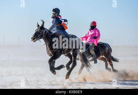 Sunite rechts Banner, China Autonome Region Innere Mongolei. 9 Jan, 2018. Reiter konkurrieren in einem Pferderennen in Sunite rechts Banner, North China Autonome Region Innere Mongolei, Jan. 9, 2018. Ein Kamel Messe eine lokale traditionelle Festival einschließlich Kamelrennen und Kamel beauty contest, war im Banner am Dienstag statt. Mehr als 200 Kamele nahmen an der Messe. Credit: Lian Zhen/Xinhua/Alamy leben Nachrichten Stockfoto