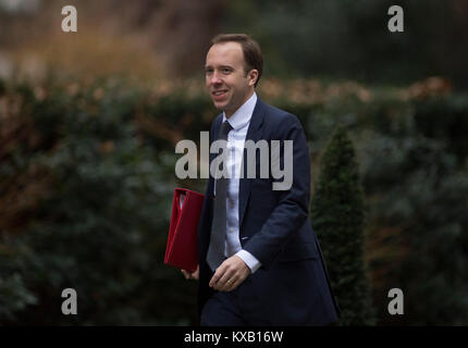 Downing Street, London, UK. 9 Jan, 2018. Minister der Regierung Alte und Neue in Downing Street für die wöchentliche Kabinettssitzung am Tag nach der Kabinettsumbildung. Matt Hancock, Staatssekretär für Kultur, Medien und Sport, ankommen. Credit: Malcolm Park/Alamy Leben Nachrichten. Stockfoto