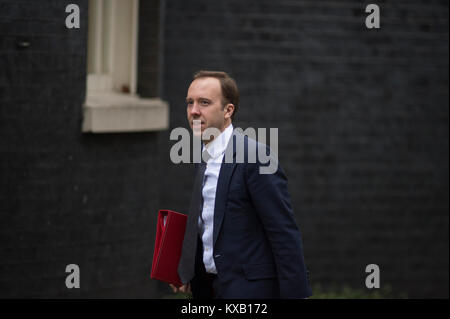 Downing Street, London, UK. 9 Jan, 2018. Minister der Regierung Alte und Neue in Downing Street für die wöchentliche Kabinettssitzung am Tag nach der Kabinettsumbildung. Matt Hancock, Staatssekretär für Kultur, Medien und Sport, ankommen. Credit: Malcolm Park/Alamy Leben Nachrichten. Stockfoto