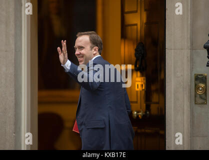 Downing Street, London, UK. 9 Jan, 2018. Minister der Regierung Alte und Neue in Downing Street für die wöchentliche Kabinettssitzung am Tag nach der Kabinettsumbildung. Matt Hancock, Staatssekretär für Kultur, Medien und Sport, ankommen. Credit: Malcolm Park/Alamy Leben Nachrichten. Stockfoto