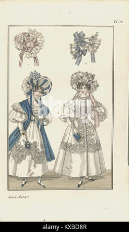 Diese 1830 entstandene Illustration von Magasin för konst, nyheter och moder beleuchtet die europäische Kunst und Mode des frühen 19. Jahrhunderts und veranschaulicht kulturelle und stilistische Einflüsse dieser Zeit. Stockfoto