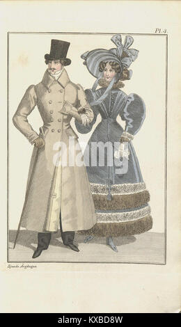 Eine Illustration aus der 1830 erschienenen Ausgabe von Magasin för konst, nyheter och moder, die schwedische Mode und künstlerische Trends des frühen 19. Jahrhunderts darstellt. Stockfoto