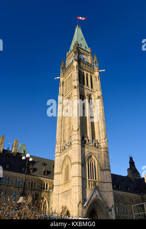 Peace Tower mit der kanadischen Flagge der Gebäude des Parlaments im mittleren Block Eidgenossenschaft Halle auf dem Parliament Hill in Ottawa Kanada im Winter Stockfoto