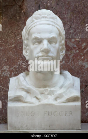 Deutsche Kaufmann Jakob Fugger. Marmorbüste von deutschen Bildhauer Hans Ladner (1967) in die Hall of Fame in der Gedenkstätte Walhalla bei Regensburg in Bayern, Deutschland. Stockfoto