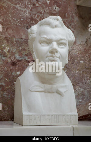 Österreichischen Komponisten Franz Schubert. Marmorbüste von deutschen Bildhauer August Weckbecker (1928) in die Hall of Fame in der Gedenkstätte Walhalla bei Regensburg in Bayern, Deutschland. Stockfoto