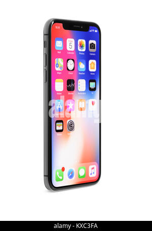 Apple iPhone X, großen Bildschirm smartphone, Produkt noch Leben mit bunten rot blau Desktop Anzeige stehen in einem Winkel isoliert auf weißem Studio hinterg Stockfoto