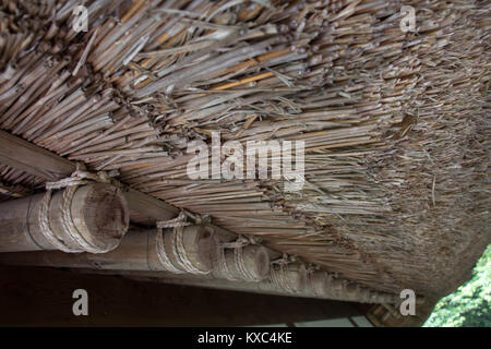 Traditionelle japanische Strohdach Haus, aus der Nähe. Die Details des Daches der alten Gebäude Architektur in Japan. Stockfoto