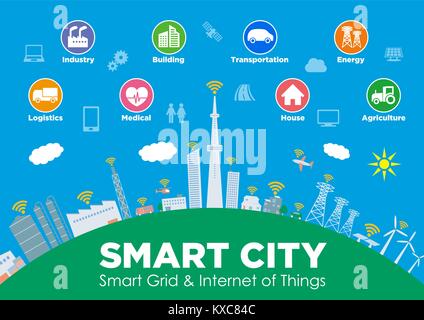 Smart City auf globale Boden mit verschiedenen technologischen Ikonen, futuristische Stadtlandschaft und modernen Lebensstil, smart gürten, IoT (Internet der Dinge). Stock Vektor