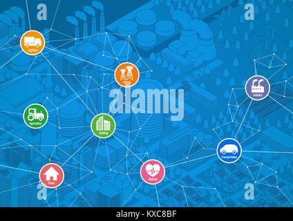 Smart City Line Zeichnung Abbildung mit verschiedenen technologischen Ikonen, futuristische Stadtlandschaft und modernen Lebensstil, smart gürten, IoT (Internet der Dinge) Stock Vektor