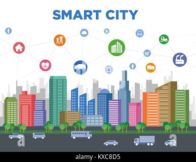 Smart City Konzept Abbildung, bunte städtische Gebäude und verschiedenen Technologie Symbole, Smart Grid, IoT (Internet der Dinge). Stock Vektor